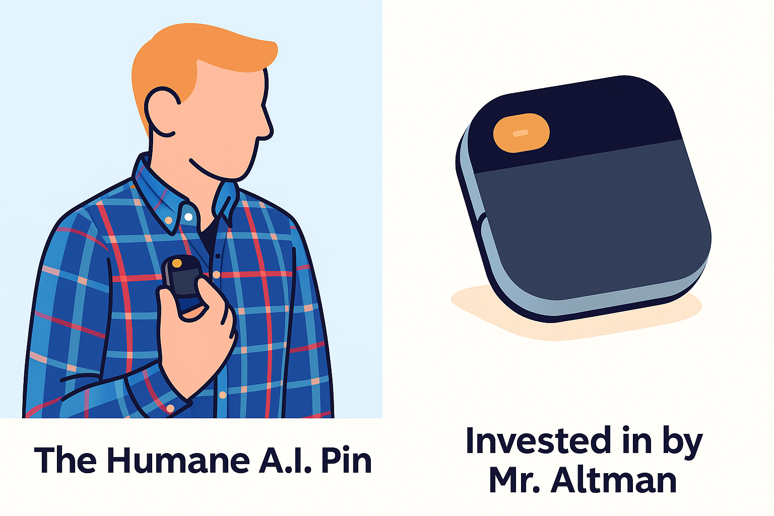 AI-generated illustration of a screenless voice-first wearable device and a user attaching it to a shirt, inspired by next-gen AI hardware concepts.