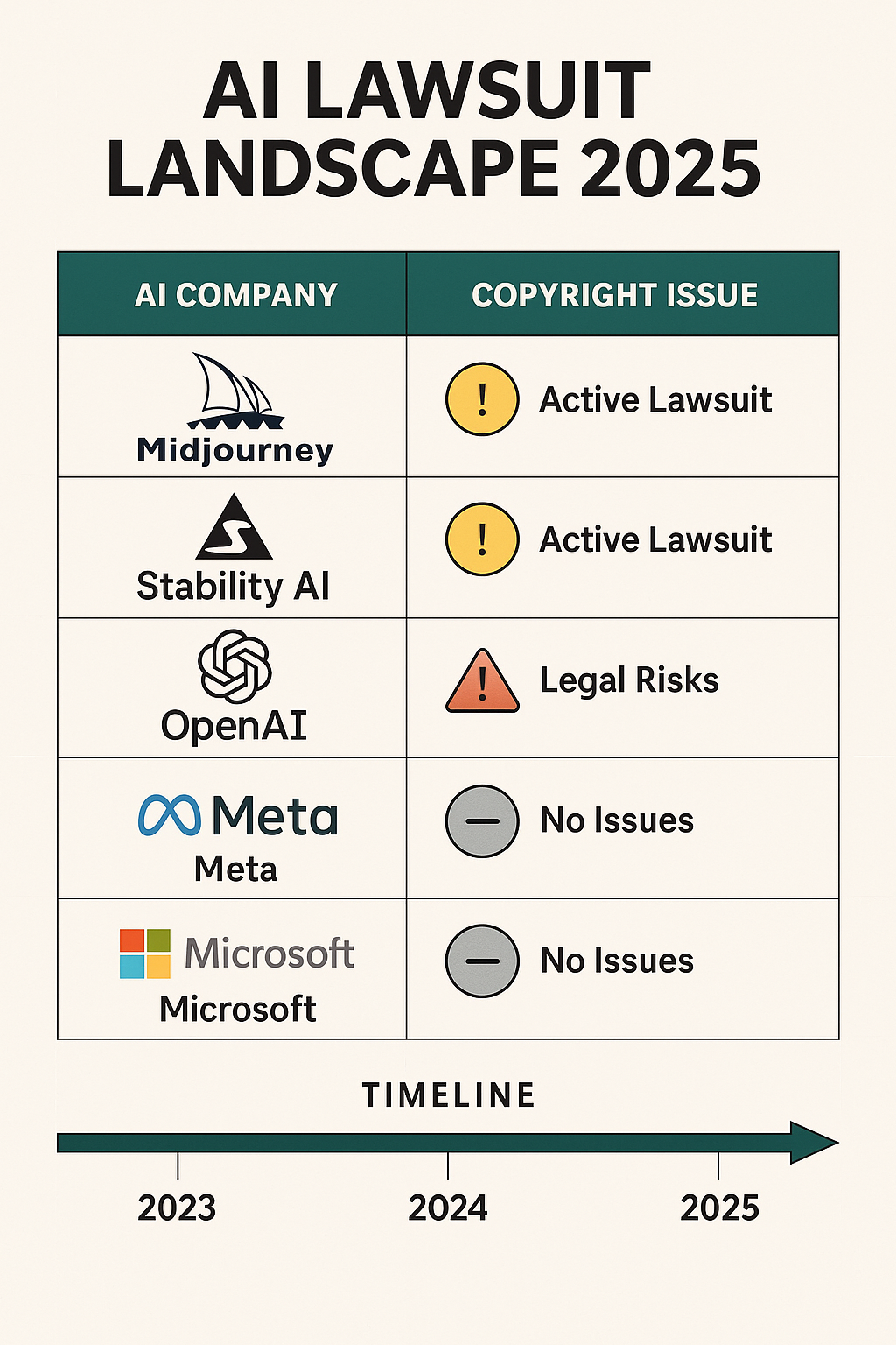 Infographic showing AI copyright lawsuit status in 2025. Midjourney and Stability AI have active lawsuits; OpenAI has legal risks; Meta and Microsoft have no issues.