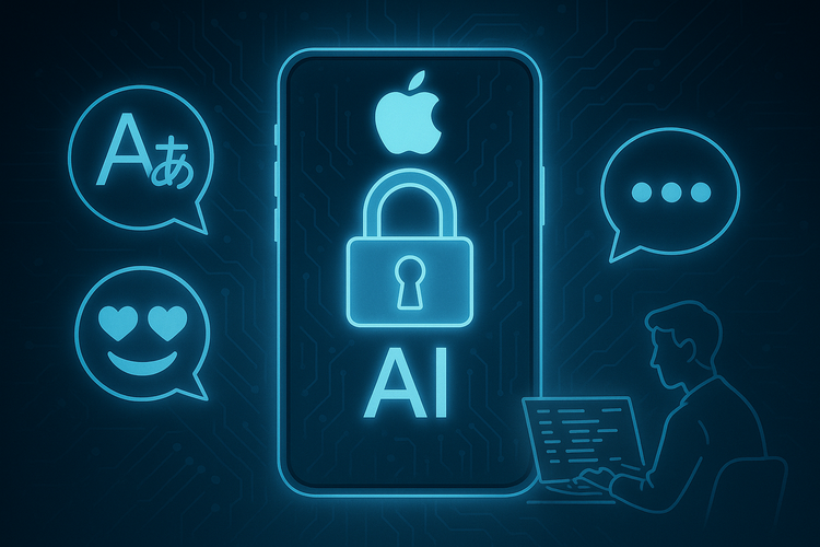 A glowing Apple device displays a lock and "AI" symbol, surrounded by Genmoji, translation, and developer icons—highlighting Apple's privacy-first AI rollout. 