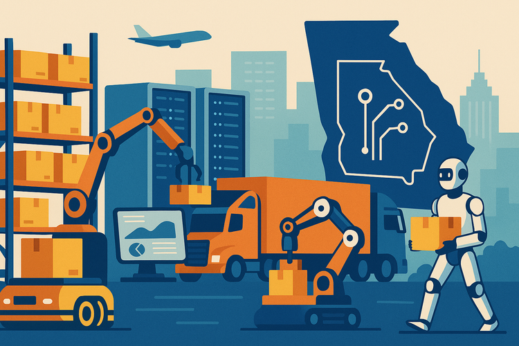 Flat-style illustration of Georgia’s automated logistics ecosystem with robots, robotic arms, servers, and a humanoid robot, plus a circuit-shaped Georgia outline.