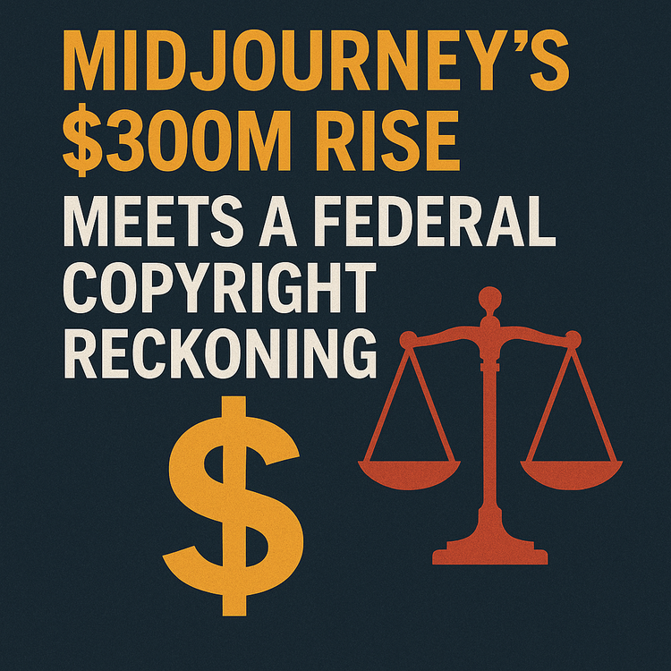 Thumbnail showing a dollar sign and justice scales, symbolizing Midjourney’s $300M rise and its copyright lawsuit from Disney and NBCUniversal over AI-generated content. (181 characters)