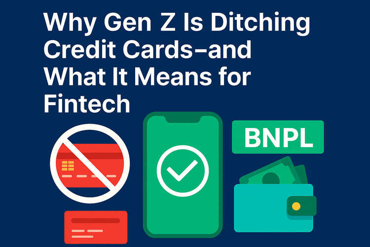 Illustration showing Gen Z’s payment shift: a banned credit card symbol, smartphone with checkmark, BNPL icon, and digital wallet on a blue background with headline text.