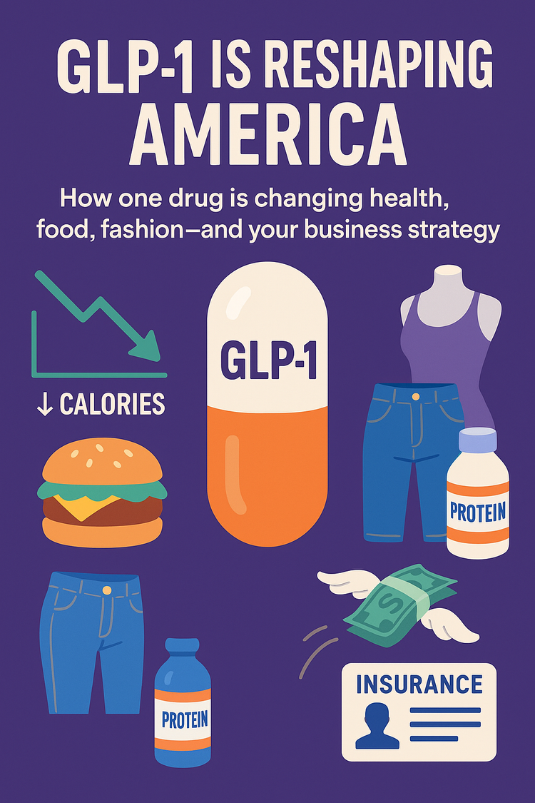 Infographic showing how GLP-1 drugs reshape U.S. habits: central pill with icons of food, jeans, protein, and insurance symbolizing health, fashion, and cost changes.