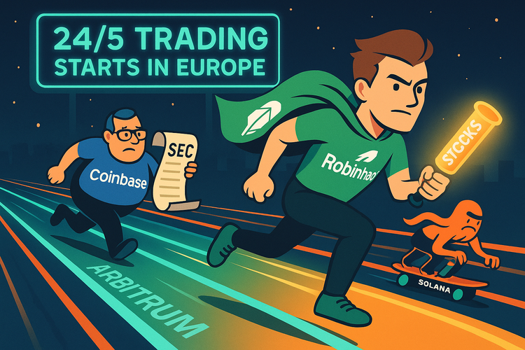 A satirical cartoon shows Robinhood sprinting with a “Tokenized Stocks” baton, ahead of Coinbase holding SEC papers and Kraken riding a Solana hoverboard under a neon EU sign.