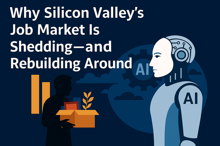 A laid-off worker holding a box faces an AI robot, symbolizing Silicon Valley’s shift from traditional jobs to AI-driven roles.