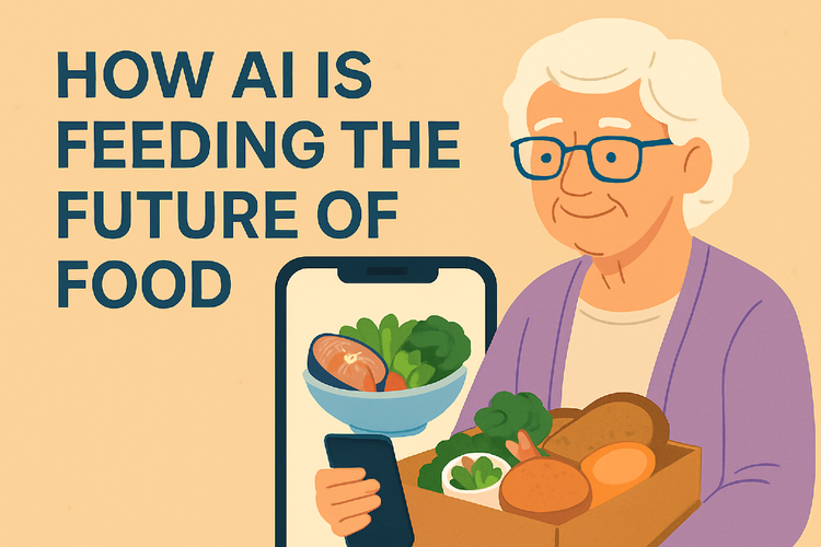 A senior woman holds a grocery box and a smartphone, standing beside a screen showing a digital salad bowl. Text reads: "How AI Is Feeding the Future of Food."