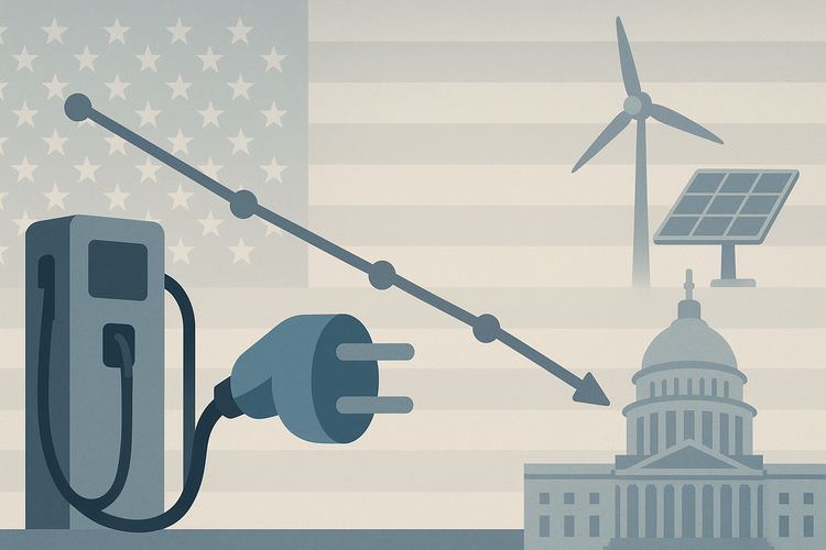 An EV plug disconnected from a charging station with downward graph lines, U.S. Capitol, wind turbine, and solar panel in a faded American flag background.