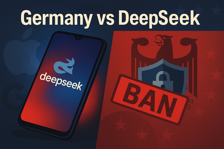 Split image of DeepSeek app on a smartphone and a German eagle with a data shield and "BAN" stamp, symbolizing Germany's action against the Chinese app.