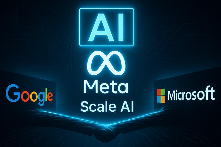 A digital image shows Meta’s logo at the center with Scale AI, flanked by Google and Microsoft logos pulling apart under a glowing “AI” sign, symbolizing corporate tension.