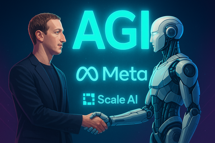 Mark Zuckerberg shakes hands with a humanoid robot under a glowing AGI sign, with Meta and Scale AI logos symbolizing a $14.3B investment push toward artificial general intelligence. 