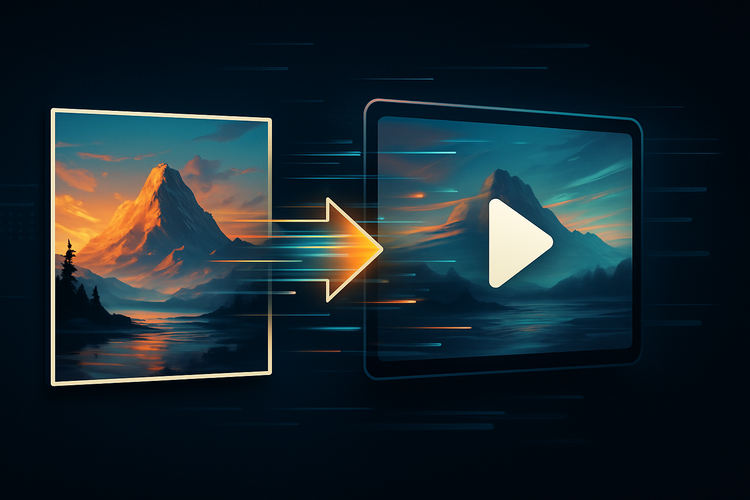 Stylized image of a mountain photo morphing into a video with a play icon, visualizing the shift from still image to animated clip.