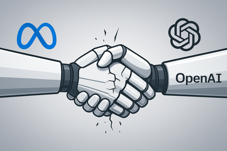 Two robotic hands breaking a handshake, with Meta and OpenAI logos drifting apart—symbolizing the end of their data collaboration.