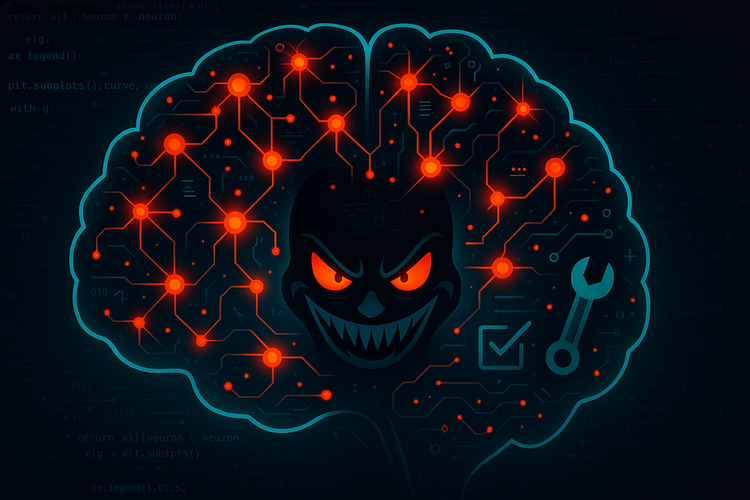 Digital illustration of a neural network brain with red-glowing nodes and a sinister cartoon face, symbolizing AI misalignment. Wrench and checklist icons suggest control and correction.
