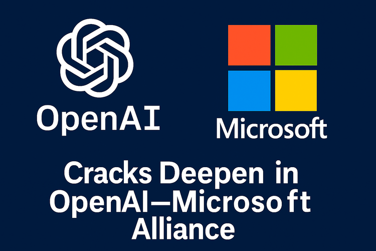 OpenAI and Microsoft logos with a headline about cracks in their AI partnership, on a dark blue background.