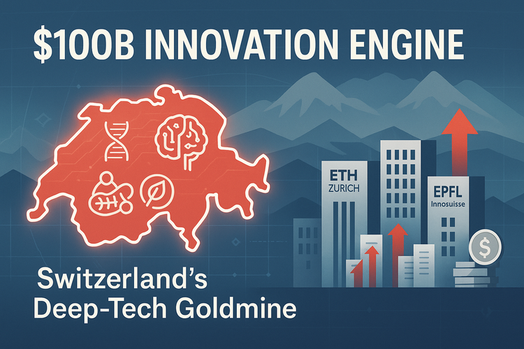 Thumbnail image showing a glowing map of Switzerland with tech icons, and ETH Zurich, EPFL, Innosuisse buildings beside upward arrows and $100B innovation headline.