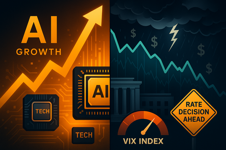 A split-screen image showing AI-driven stock growth on the left and market volatility on the right, with VIX index, storm clouds, and a “Rate Decision Ahead” sign.