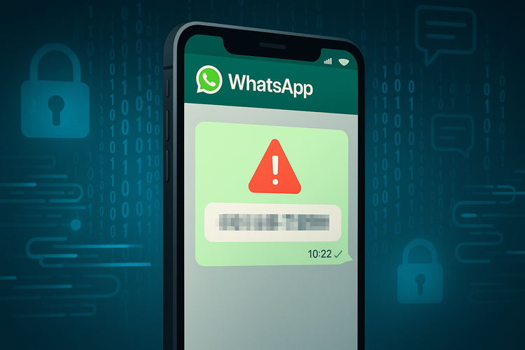 WhatsApp screen on a smartphone displaying a warning icon and blurred phone number, set against a digital background with padlocks and binary code.