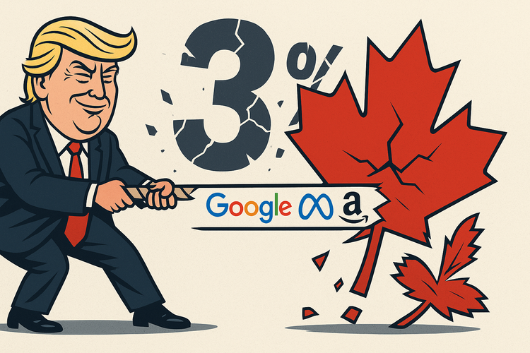 Trump pulls a rope in a tug-of-war with a crumpling red maple leaf, with Google, Meta, and Amazon logos in the middle. A large “3%” symbol shatters behind them.