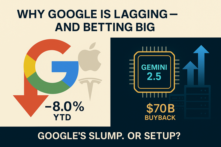 Infographic showing Google’s –8.0% YTD return with a red arrow, Apple and Tesla logos behind it, and a glowing Gemini 2.5 AI chip with $70B buyback tag on the right.