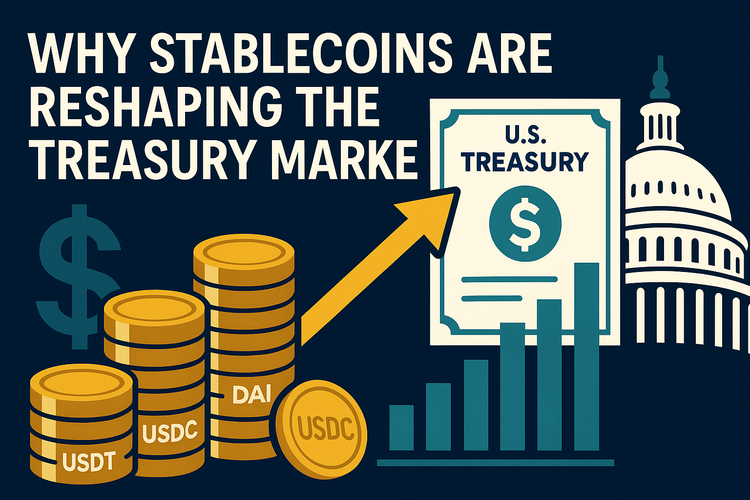 Infographic showing stablecoins (USDT, USDC, DAI) rising toward U.S. Treasury with bar chart, Capitol dome, and dollar sign on navy background.