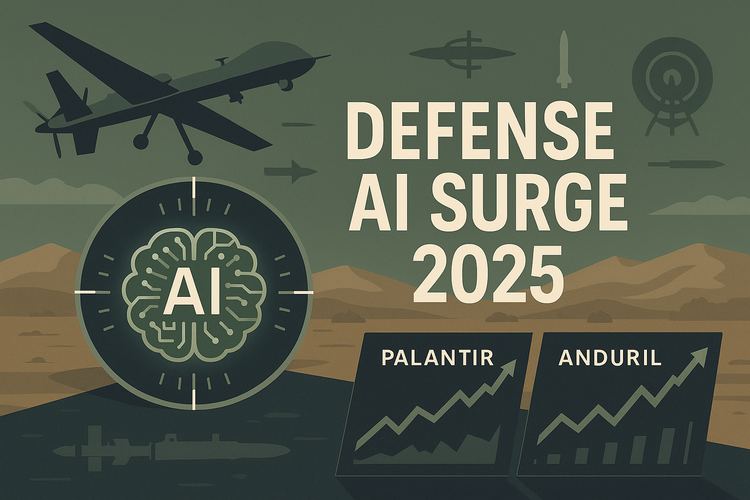 Editorial-style thumbnail with drone, AI brain interface, missile icons, and rising stock charts for Palantir and Anduril, titled “Defense AI Surge 2025” in military tones.