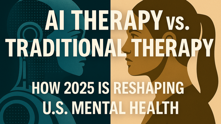 Digital illustration showing a blue AI figure and a brown-toned human therapist face-to-face, representing the rising role of AI therapy versus traditional therapy in 2025 U.S. healthcare.