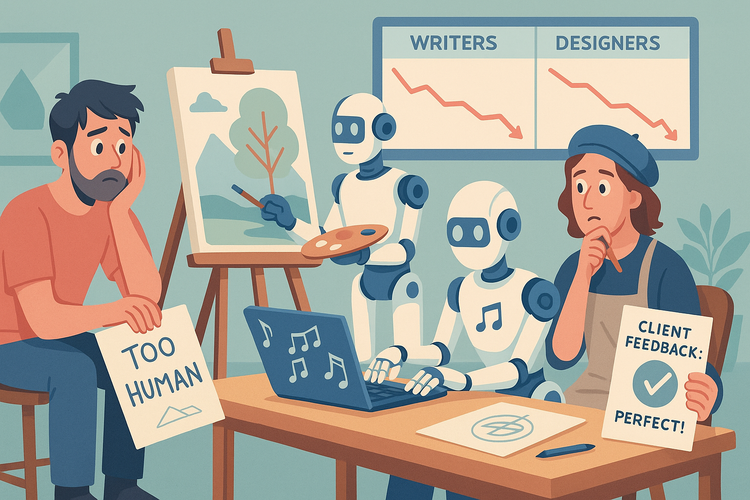 Editorial illustration of robots replacing artists in a creative studio, highlighting AI's disruption of freelance creative jobs