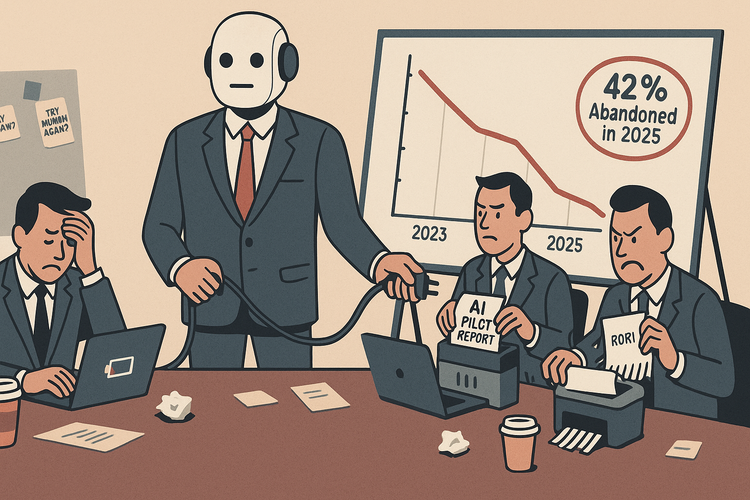 Illustration of executives unplugging a humanoid AI robot in a boardroom, with a chart showing 42% AI project abandonment in 2025. Mood: ironic, satirical, corporate burnout.
