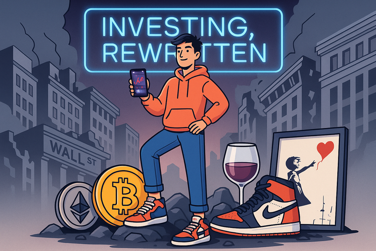 Digital illustration of a confident Gen Z investor surrounded by crypto, sneakers, wine, and art, symbolizing the rise of alternative assets over traditional finance.
