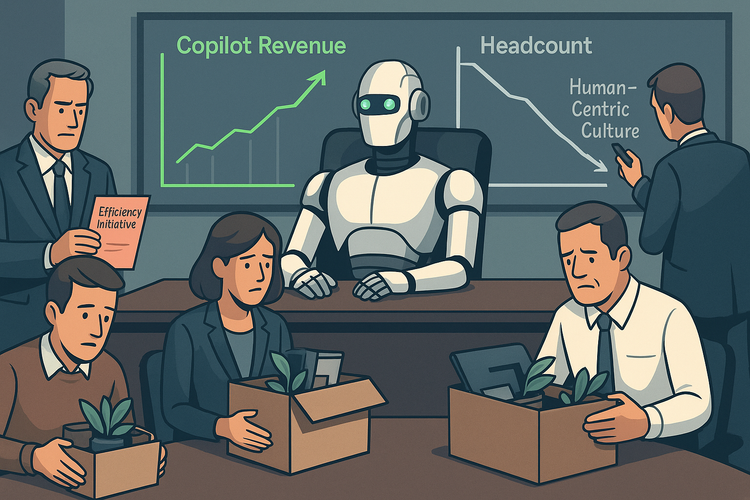 A humanoid AI robot sits at the head of a corporate boardroom as laid-off employees pack boxes. A chart behind shows Copilot revenue rising while headcount falls.