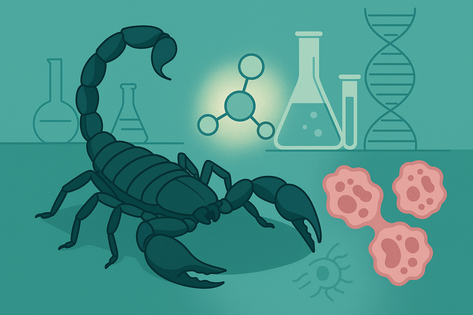 Amazonian scorpion with glowing molecule, lab glassware, DNA, and breast cancer cells—visualizing venom-based cancer research.