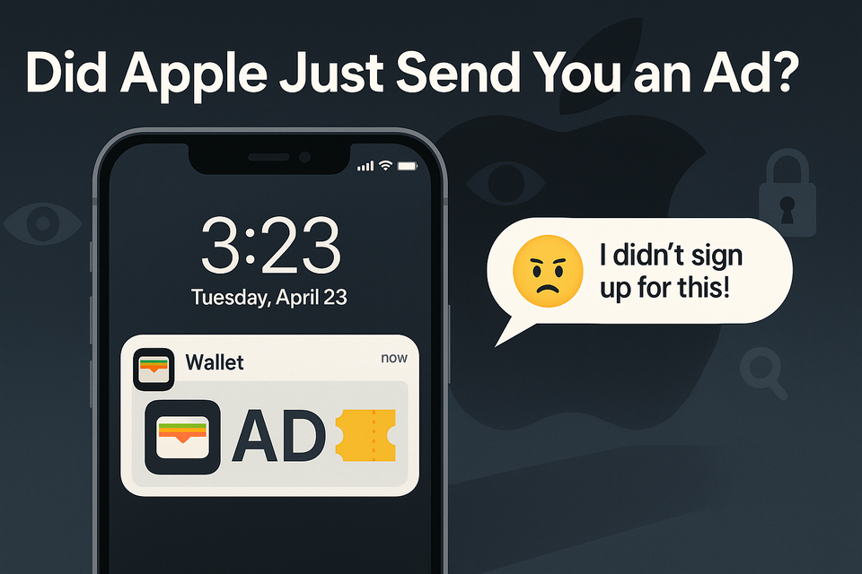 An iPhone lock screen shows a Wallet app push notification labeled “AD,” alongside a speech bubble saying “I didn’t sign up for this!” with an angry emoji.