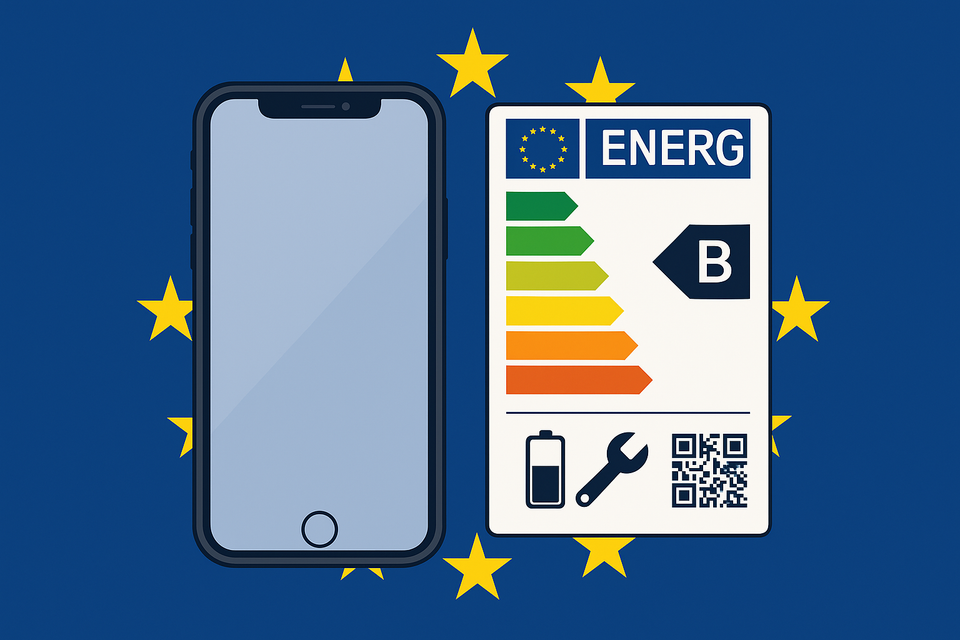 Illustration of an iPhone next to an EU energy label rated “B”, showing icons for battery, repairability, and QR code, with EU stars in the background.