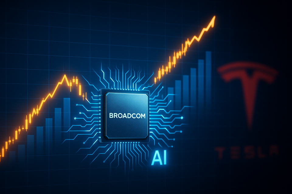 Futuristic stock chart with Broadcom chip at center, glowing AI circuits branching out, rising graph line, and faded Tesla logo in background.