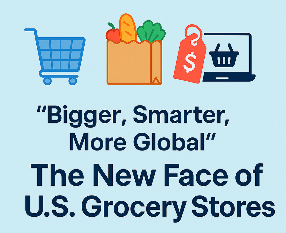 Flat-style thumbnail with headline “Bigger, Smarter, More Global” and icons for grocery trends: cart, food bag, price tag, and laptop, on a light blue background.
