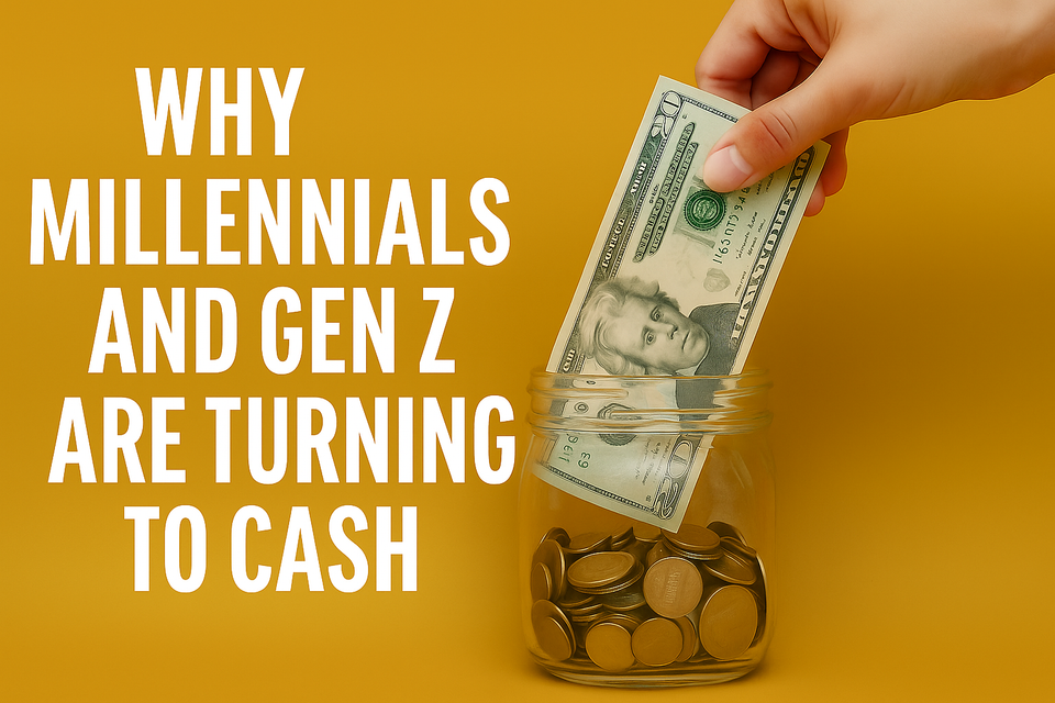 A hand places $20 bills into a glass jar filled with coins, beside bold text reading “Why Millennials and Gen Z Are Turning to Cash” on a mustard-yellow background.