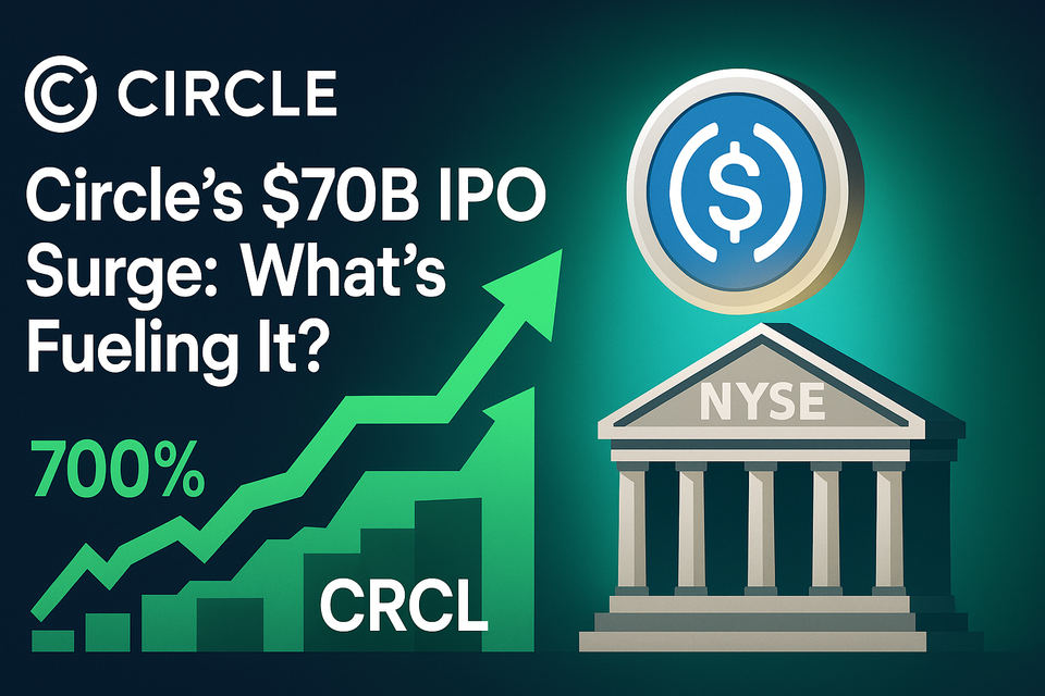 Infographic showing Circle’s 700% IPO surge with a rising stock chart, USDC coin, and NYSE building in a clean, modern vector style.