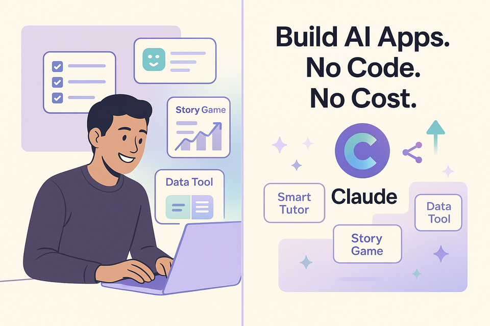 A split-screen illustration showing a smiling user creating apps with Claude AI on the left, and app icons like "Smart Tutor" and "Story Game" on the right.