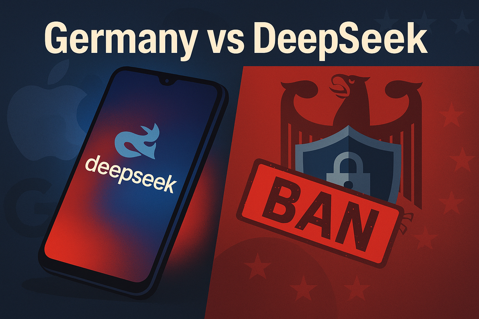 Split image of DeepSeek app on a smartphone and a German eagle with a data shield and "BAN" stamp, symbolizing Germany's action against the Chinese app.