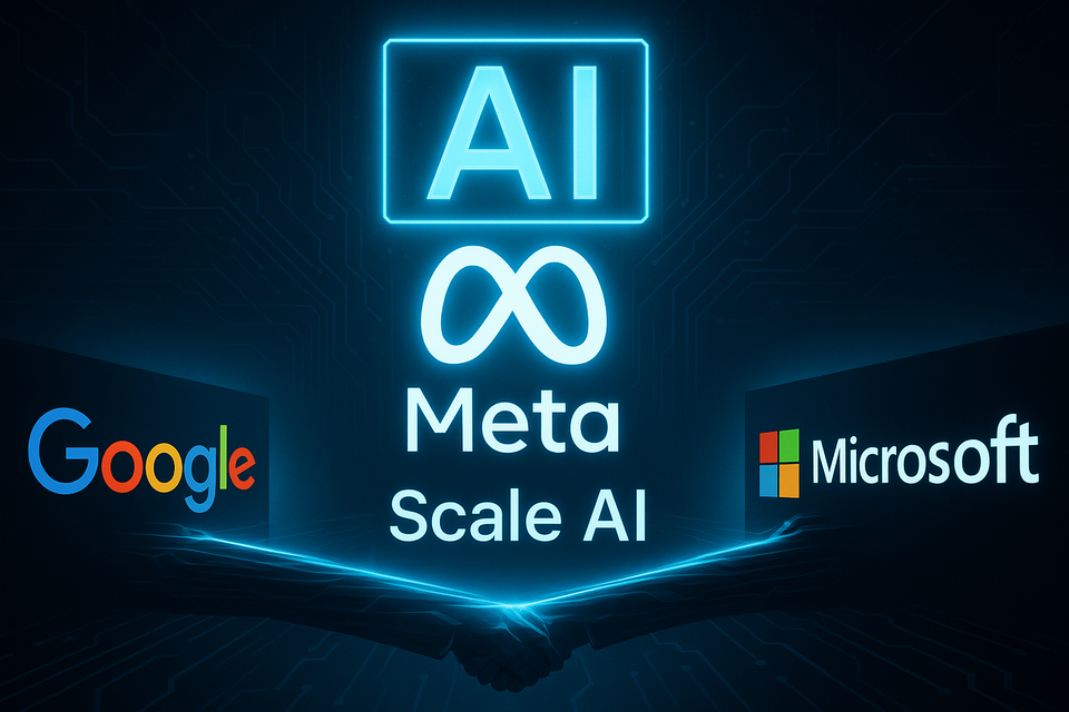 A digital image shows Meta’s logo at the center with Scale AI, flanked by Google and Microsoft logos pulling apart under a glowing “AI” sign, symbolizing corporate tension.