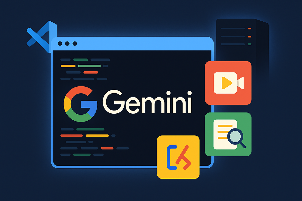 A stylized terminal with Google’s Gemini logo, surrounded by icons for video, research, and debugging, set in Google’s brand colors.