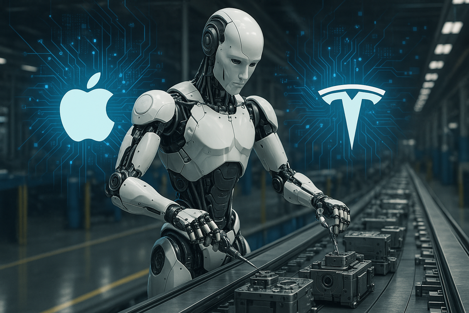 Humanoid robot assembling parts on a production line with Apple and Tesla logos and digital AI circuit graphics in the background.