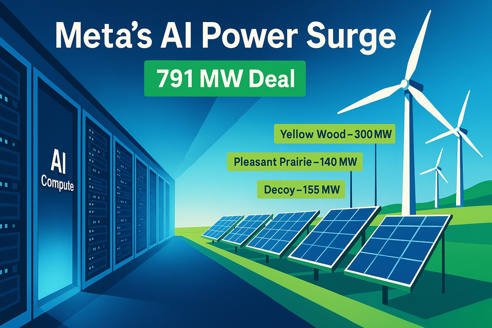 Illustration of Meta AI data center with solar panels and wind turbines labeled Yellow Wood, Pleasant Prairie, and Decoy, symbolizing a 791 MW clean energy deal.