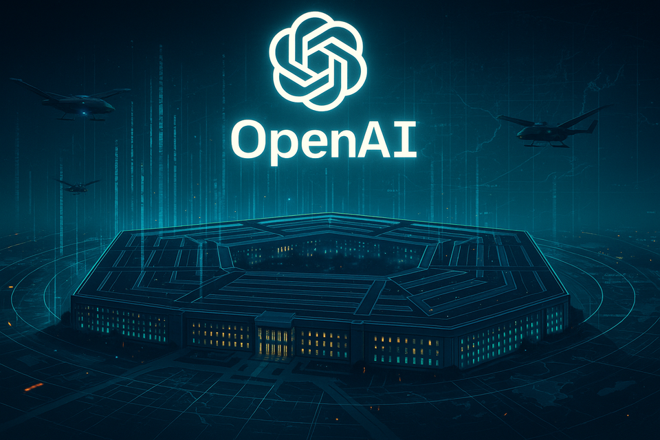 Futuristic Pentagon with OpenAI logo, military drones, and holographic data visuals, representing AI integration into U.S. defense systems.