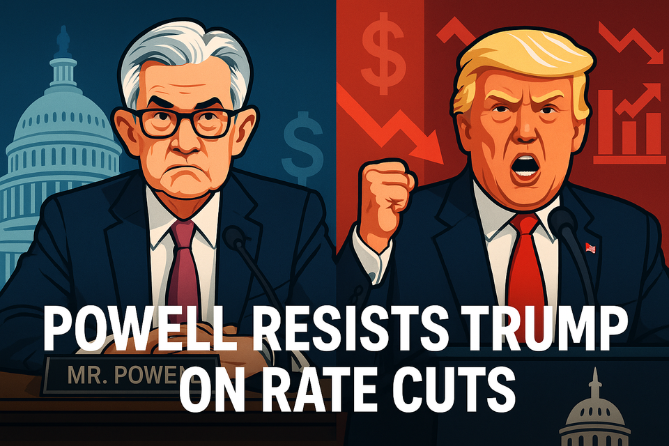 Split image of Powell testifying at Congress and Trump demanding rate cuts, with inflation symbols and dollar signs in a red-blue editorial style.