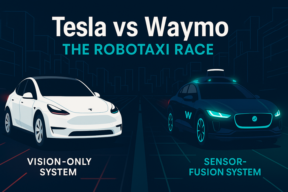 Illustration of a Tesla Model Y and Waymo Jaguar I-PACE facing off, with a split road between them symbolizing two diverging approaches to autonomous driving.