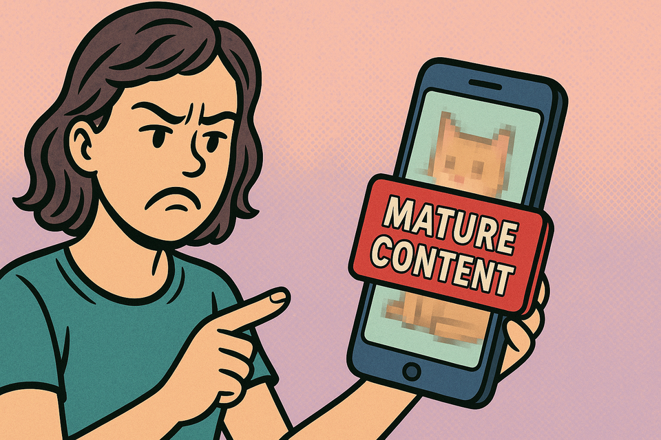 Comic-style image of a frustrated woman pointing at her phone, which displays a pixelated cat and a bold red “Mature Content” label on a pastel background.