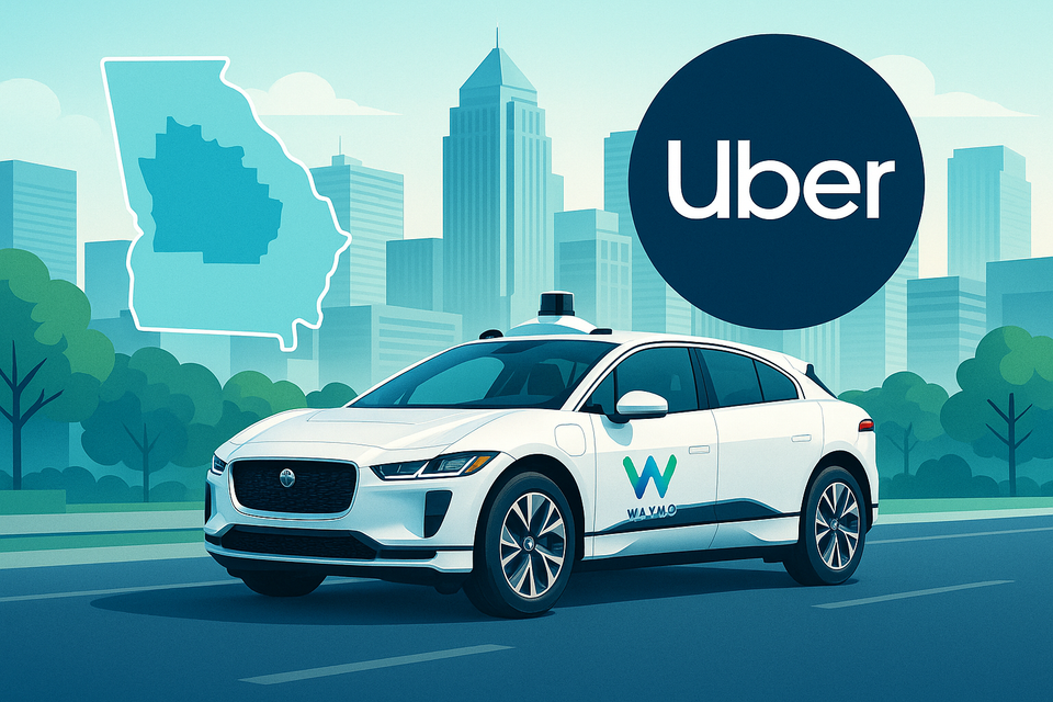 Illustration of a Waymo autonomous Jaguar I-PACE driving in Atlanta with an Uber logo and Georgia map showing the service area.