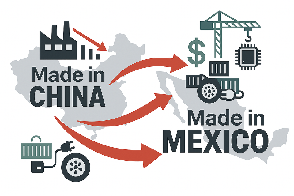 Infographic showing red arrows pointing from China to Mexico, with factory decline icons over China and EV, chip, and dollar icons over Mexico, symbolizing the nearshoring trend.