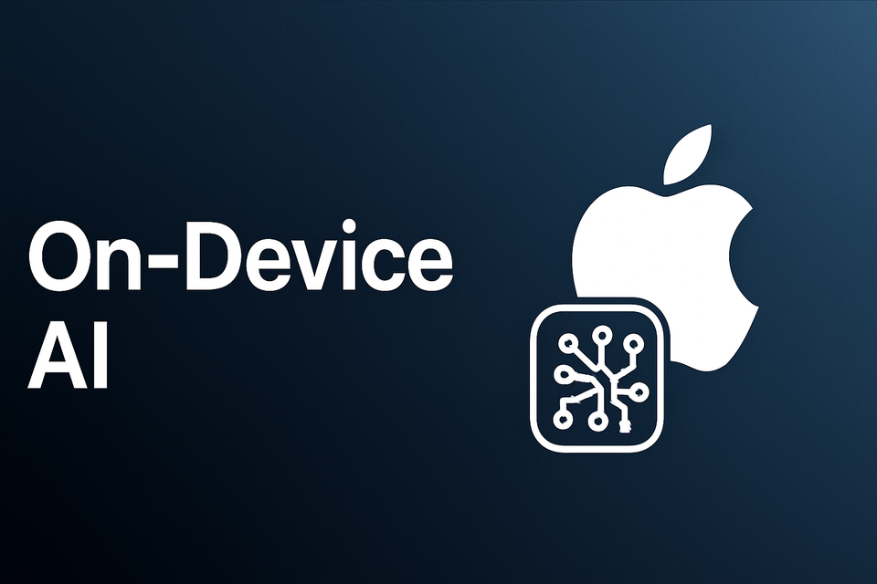 Minimalist graphic showing “On-Device AI” text with Apple logo and AI chip icon on a dark blue gradient background.